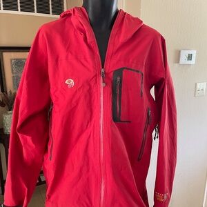 Mountain Hardwear Rain Windbreaker Jacket Hooded Brim Red Zip Pockets Men's L